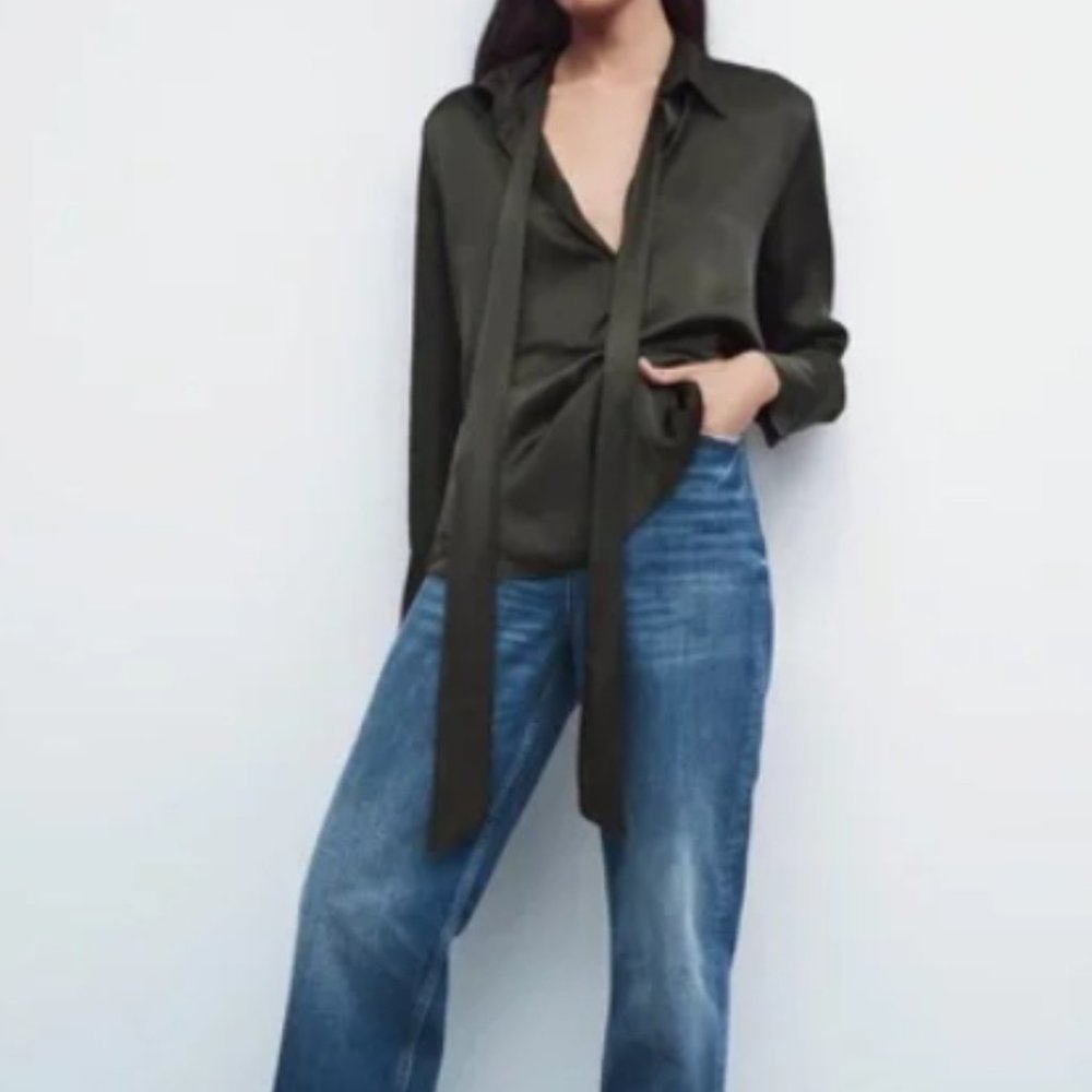 NEW ZARA Dark Green Satin Effect Neck Tie Collar Shirt Blouse Equestrian Size L